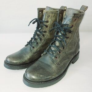 Frye Gypsy Laceup Veronica Combat Boots 6 B Green Burnished Leather Mid-Calf